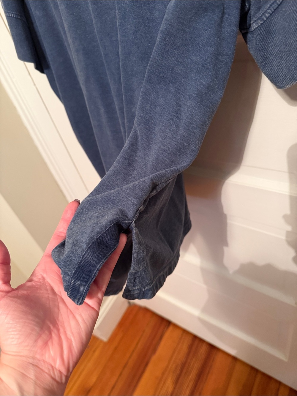 Jane and Delancey Washed Blue V-Neck Short Sleeve Tee with Button Tab Sleeves - Picture 5 of 5